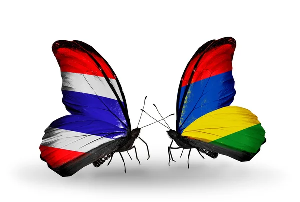 Two butterflies with flags of Thailand and Mauritius — Stock Photo, Image