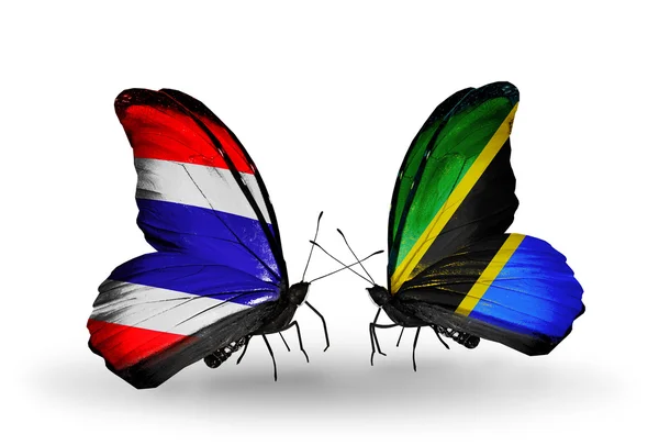 Butterflies with flags on wings of Thailand and Tanzania — Stock Photo, Image