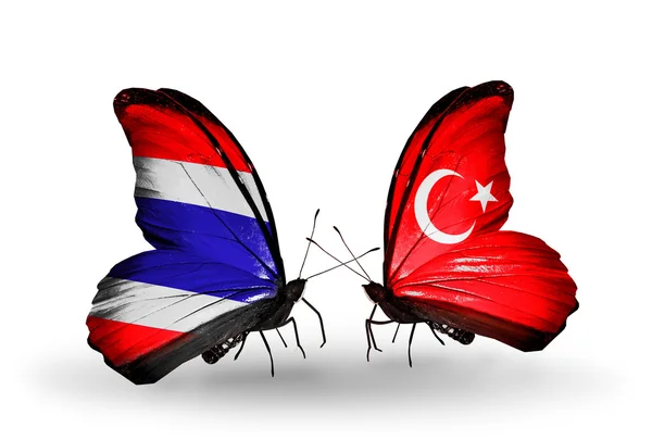 Butterflies with flags on wings of Thailand and Turkey — Stock Photo, Image