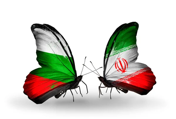 Butterflies with Bulgaria and Iran flags on wings — Stock Photo, Image