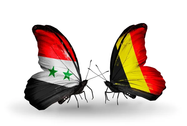 Borboletas com bandeiras da Síria e Bélgica em asas — Fotografia de Stock