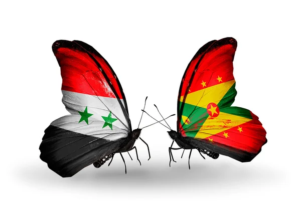 Butterflies with Syria and Grenada flags on wings — Stock Photo, Image