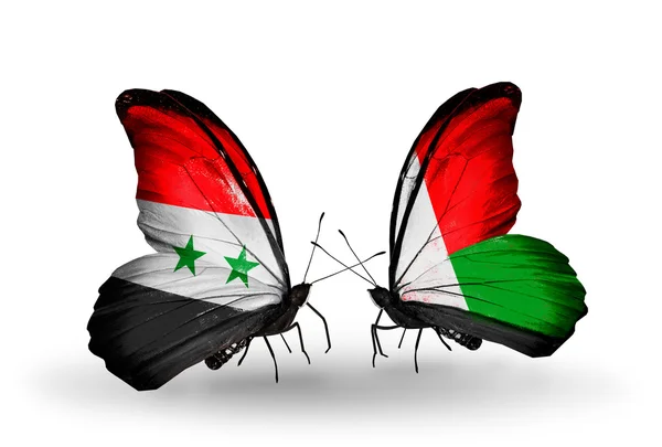 Butterflies with Syria and Madagascar flags on wings — Stock Photo, Image