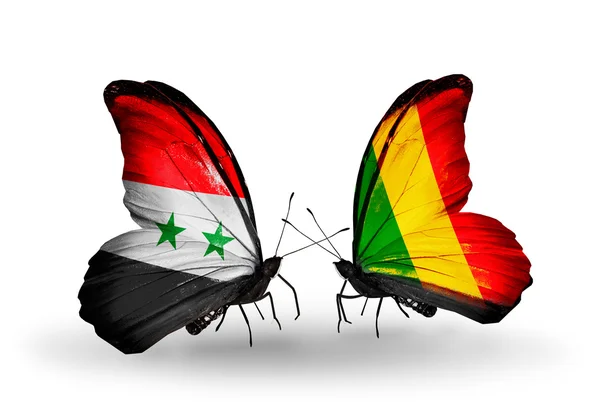 Kelebek kanatları üzerinde mali ve Suriye bayrakları ile — Stok fotoğraf