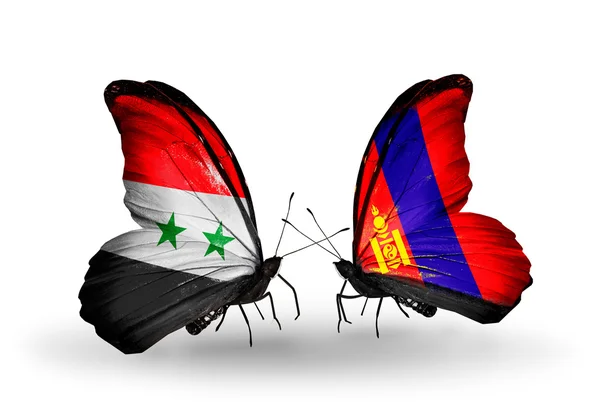 Butterflies with Syria and Mongolia flags on wings — Stock Photo, Image