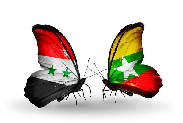 Kelebek kanatları üzerinde Suriye ve myanmar bayrağı ile — Stok fotoğraf