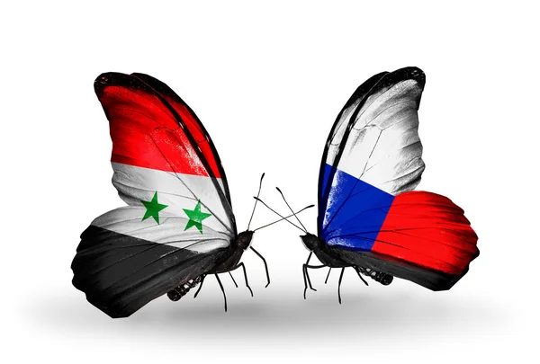 Butterflies with Syria and Czech flags on wings — Stock Photo, Image
