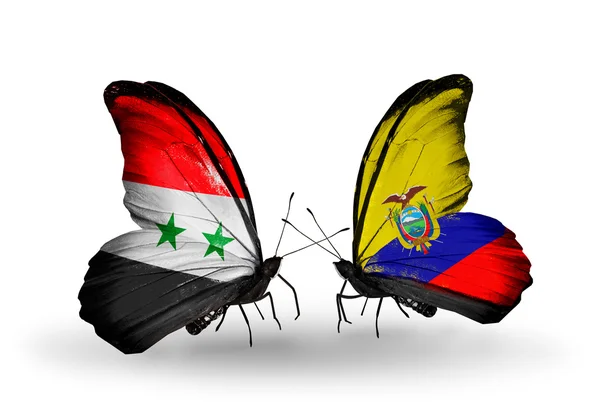 Butterflies with Syria and Ecuador flags on wings — Stock Photo, Image