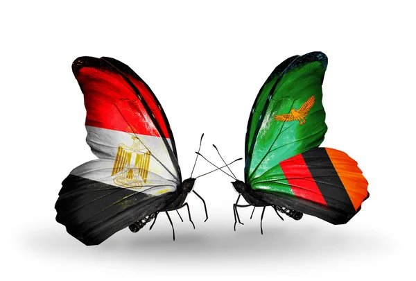 Borboletas com bandeiras do Egito e da Zâmbia — Fotografia de Stock