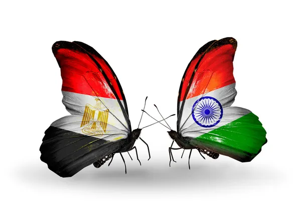 Butterflies with Egypt and India flags on wings — Stock Photo, Image