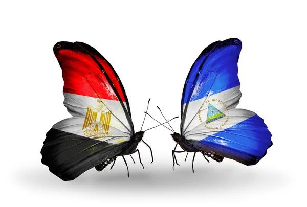 Motýli s Egyptem a Nikaragua vlajky na křídlech — Stock fotografie