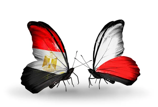Borboletas com bandeiras do Egito e da Polônia em asas — Fotografia de Stock