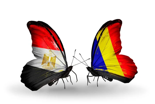 Butterflies with Egypt and Chad, Romania flags on wings — Stock Photo, Image