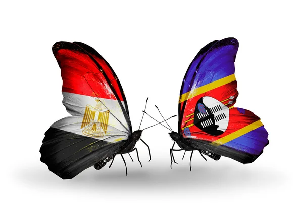 翼の上のエジプトとスワジランドのフラグと蝶 — ストック写真