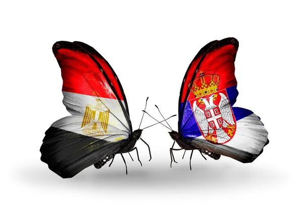 Kelebek kanatları üzerinde Mısır ve Sırbistan bayrağı ile — Stok fotoğraf