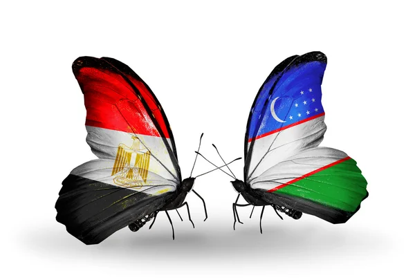 Butterflies with Egypt and Uzbekistan flags on wings — Stock Photo, Image