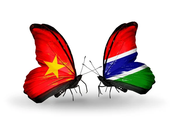 Vlinders met vietnam en gambia vlaggen op vleugels — Stockfoto