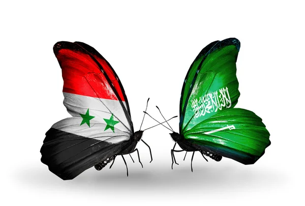 Butterflies with Syria and Saudi Arabia flags on wings — Stock Photo, Image