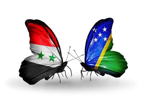 Papillons avec des drapeaux de Syrie et des Îles Salomon sur les ailes — Photo