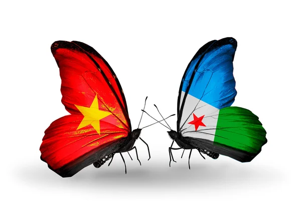 Dos mariposas con banderas de Vietnam y Djibouti —  Fotos de Stock