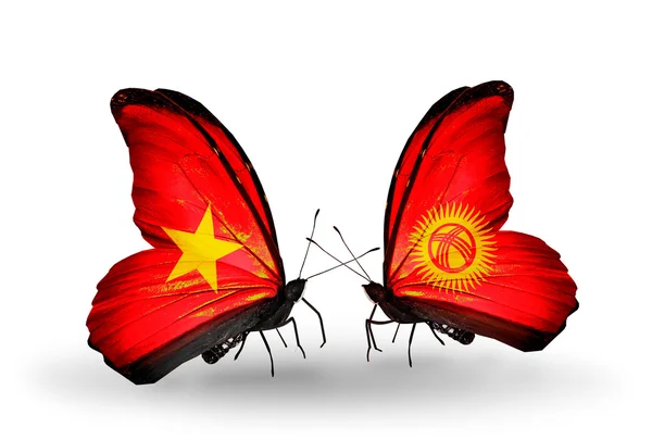 两只蝴蝶与越南和吉尔吉斯的国旗 — 图库照片