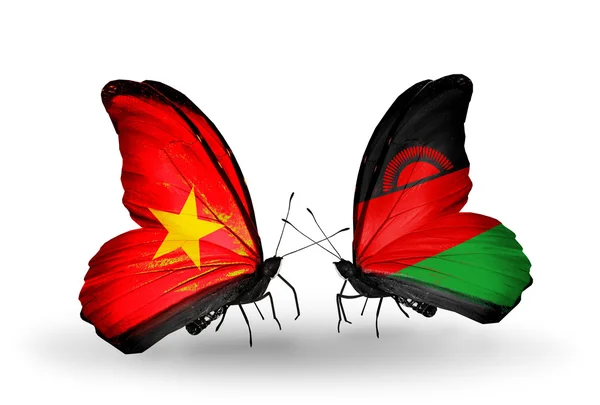 Deux papillons avec des drapeaux du Vietnam et du Malawi — Photo