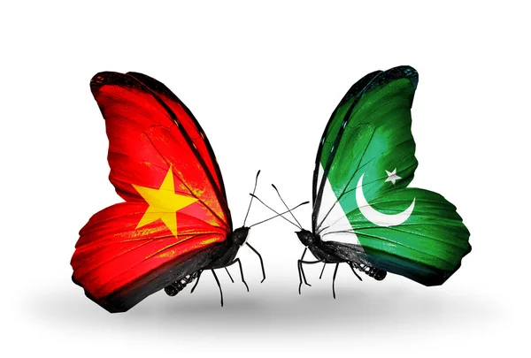 Deux papillons avec des drapeaux du Vietnam et du Pakistan — Photo