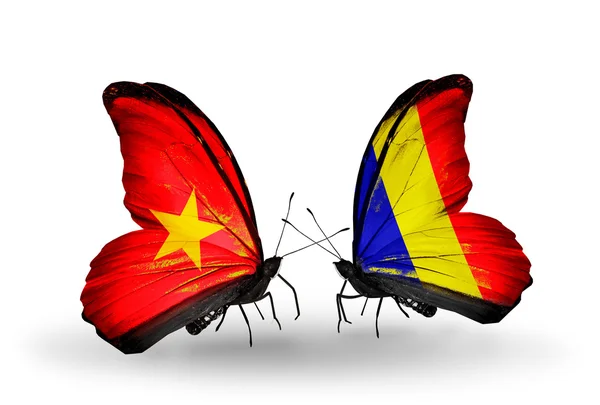 Due farfalle con bandiere del Vietnam e del Ciad, Romania — Foto Stock