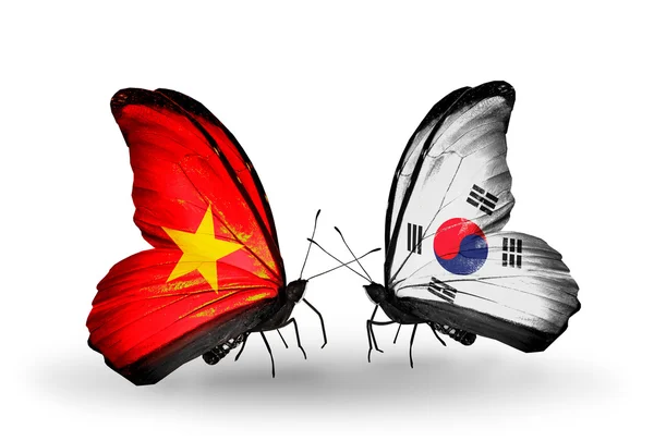 Dos mariposas con banderas de Vietnam y Corea del Sur —  Fotos de Stock