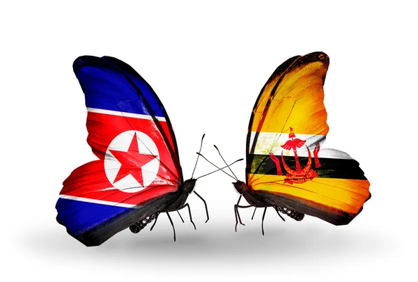 Kuzey Kore ve brunei bayrağı kanatlar üzerinde kelebekler — Stok fotoğraf