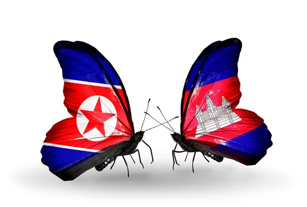 Butterflies with North Korea and Cambodia flags on wings — Stock Photo, Image