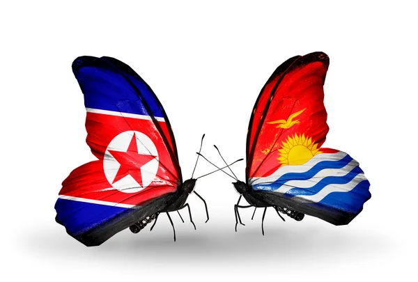 Butterflies with North Korea and Kiribati flags on wings — Stock Photo, Image