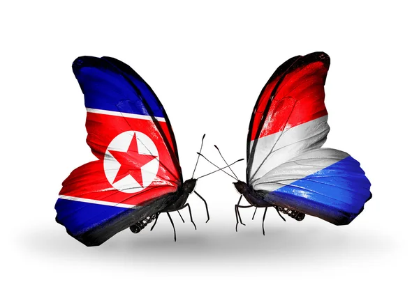 Farfalle con bandiere nordcoreane e lussemburghesi sulle ali — Foto Stock