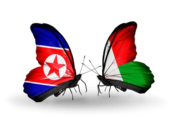 Mariposas con banderas de Corea del Norte y Madagascar en alas — Foto de Stock