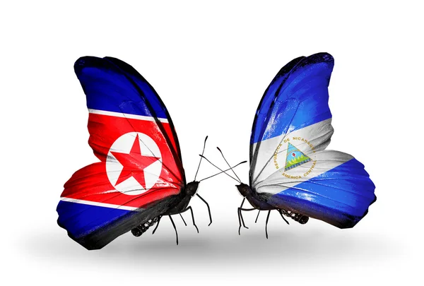 Vlinders met Noord-korea en nicaragua vlaggen op vleugels — Stockfoto