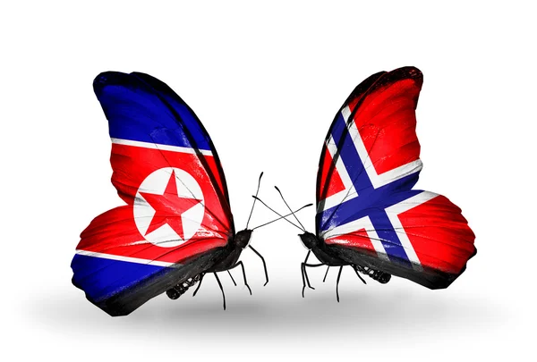 Mariposas con banderas de Corea del Norte y Noruega en alas —  Fotos de Stock