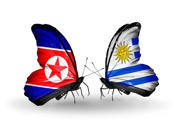 Motýli se Severní Koreou a uruguay vlajek na křídlech — Stock fotografie