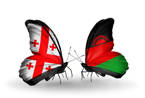 蝴蝶翅膀上的格鲁吉亚和马拉维群岛旗帜 — 图库照片