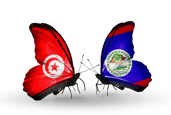 Papillons avec des drapeaux Tunisie et Belize sur les ailes — Photo