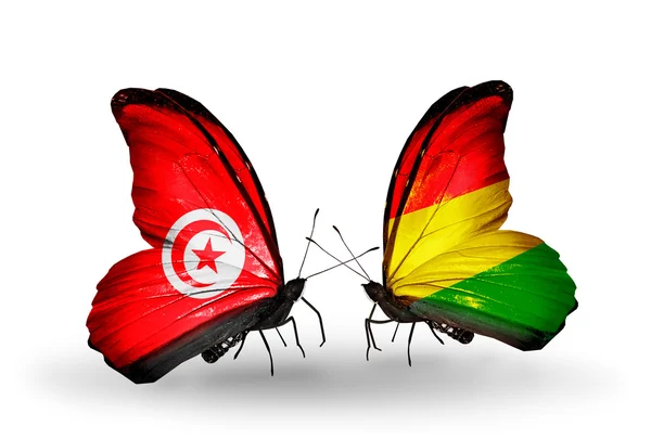 Motýli s Tuniskem a Bolívie vlajky na křídlech — Stock fotografie