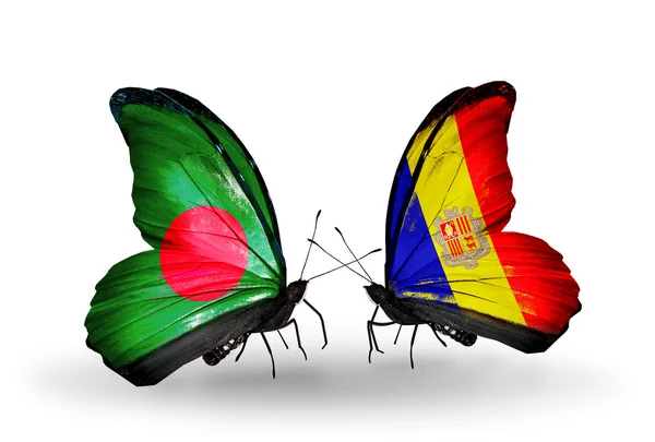 Farfalle con bandiere Bangladesh e Andorra sulle ali — Foto Stock