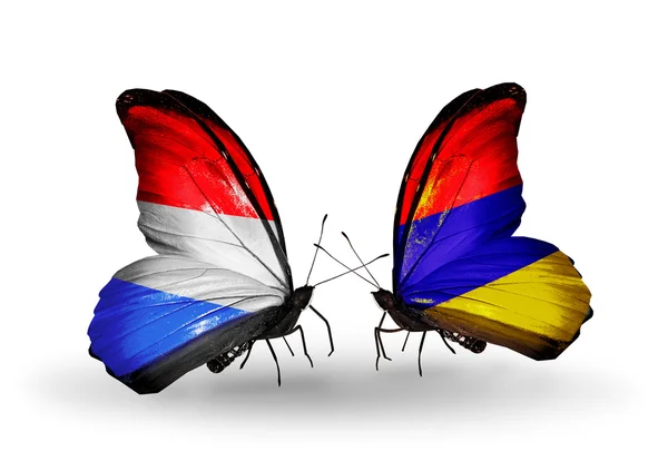 Butterflies with Luxembourg and Armenia flags on wings — Stock Photo, Image