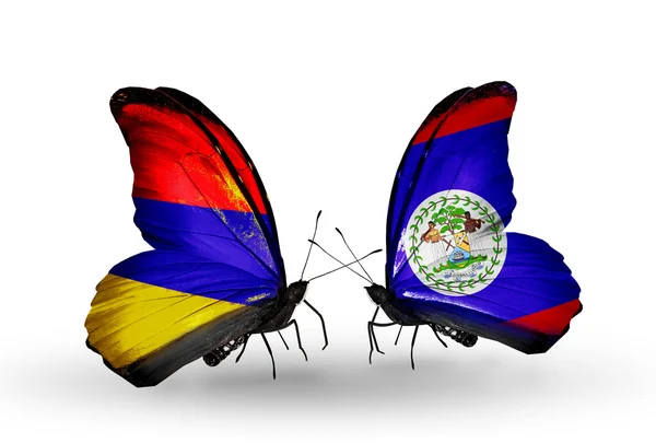 Mariposas con banderas de Armenia y Belice en alas — Foto de Stock