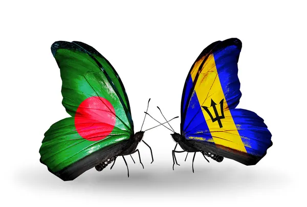 Papillons avec drapeaux du Bangladesh et de la Barbade sur les ailes — Photo