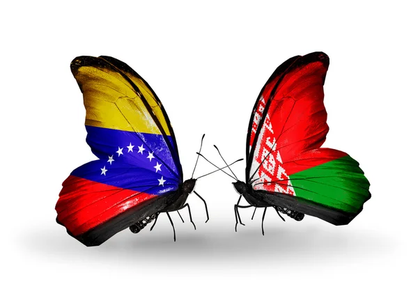 Papillons avec drapeaux Venezuela et Belarus sur les ailes — Photo