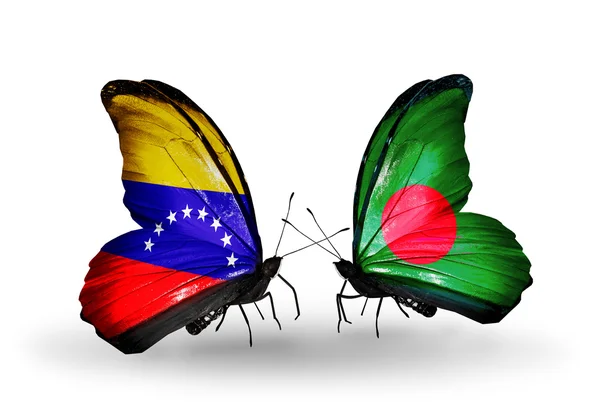 Papillons avec drapeaux du Venezuela et du Bangladesh sur les ailes — Photo