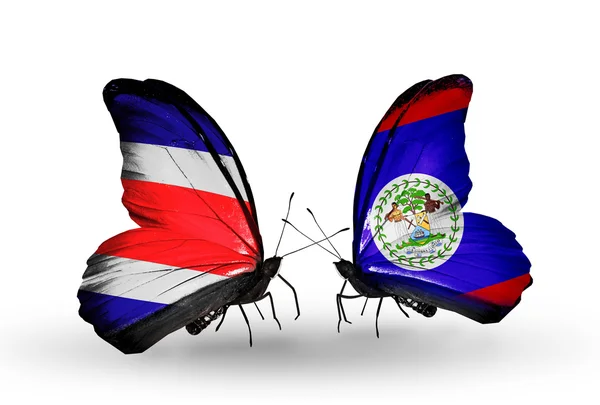 Papillons avec des drapeaux Costa Rica et Belize sur les ailes — Photo