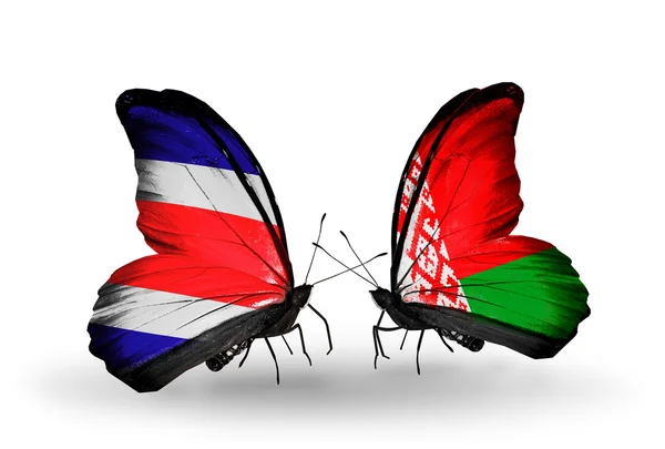 Butterflies with Costa Rica and Belarus flags on wings — Stock Photo, Image