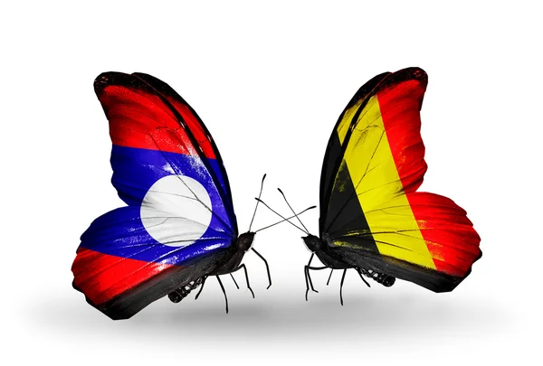 Mariposas con banderas de Laos y Bélgica en alas —  Fotos de Stock