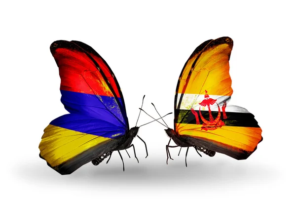 Borboletas com bandeiras da Armênia e Brunei em asas — Fotografia de Stock